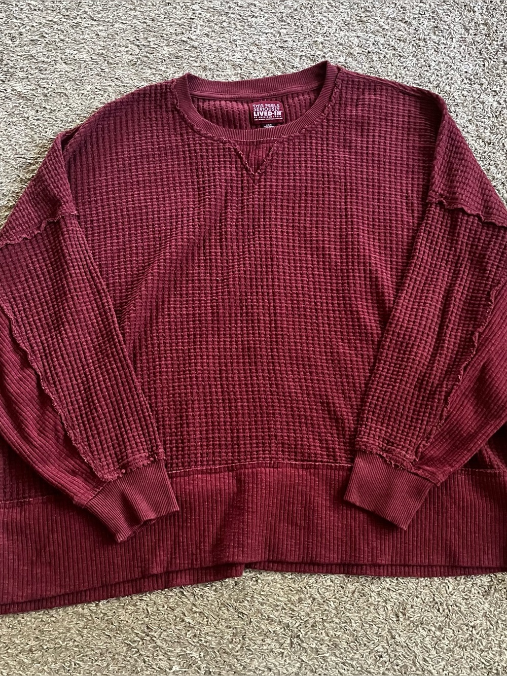American Eagle Waffle Knit Pullover Top Oversized Cozy Large Long Sleeve Maroon